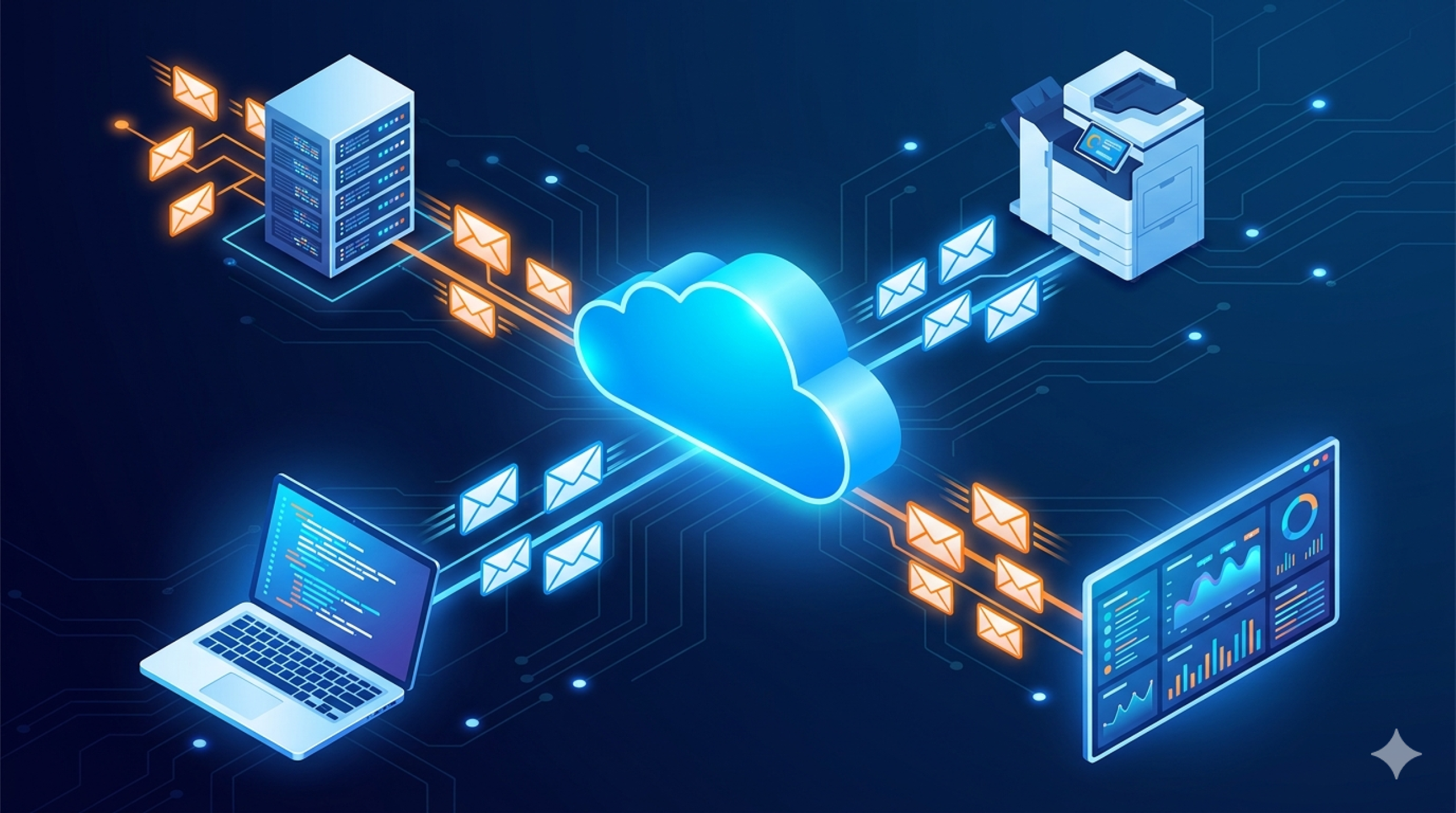 Isometric diagram showing Azure Communication Services email architecture with a central cloud hub routing emails to and from application servers, copiers, development laptops, and monitoring dashboards