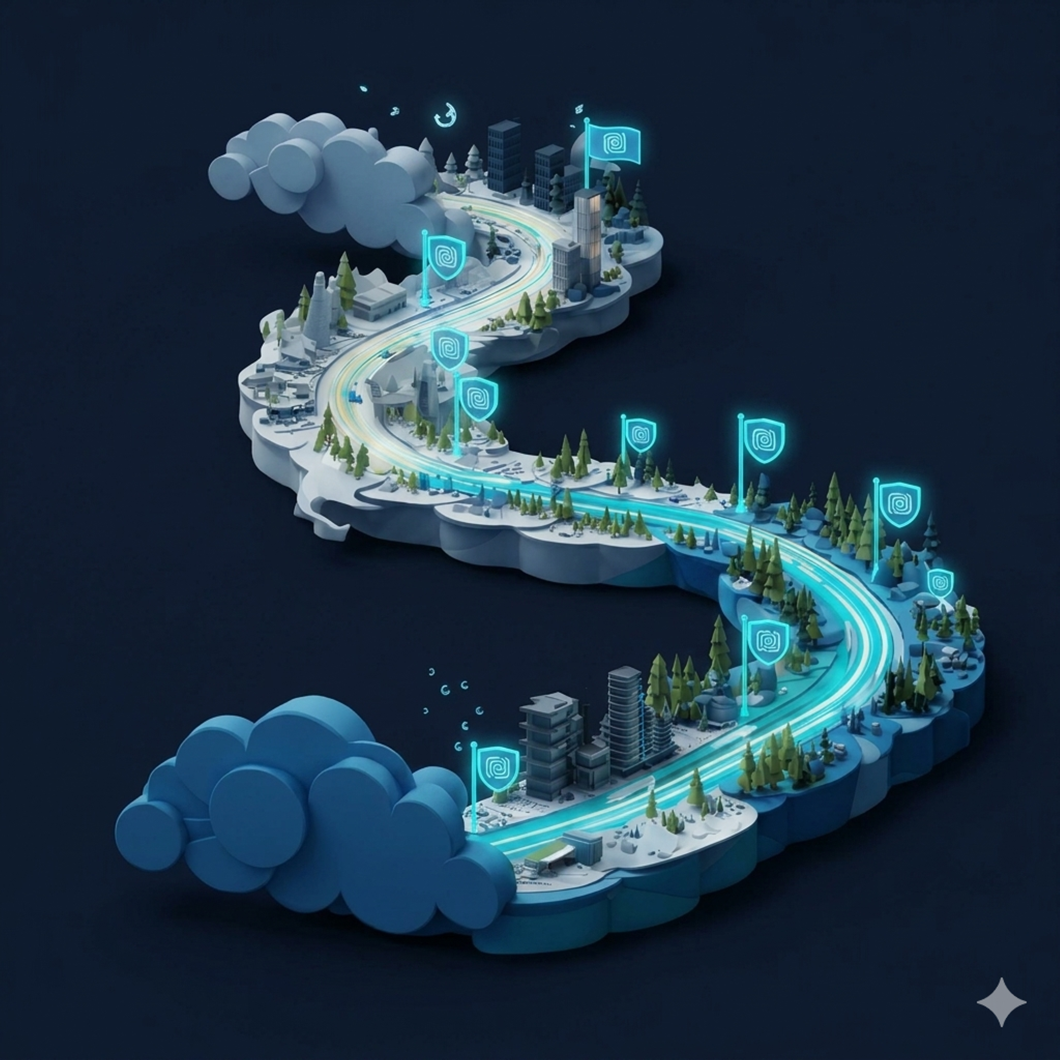 Isometric roadmap illustration showing the phased migration path from legacy SMTP relay infrastructure to modern Azure Communication Services cloud email platform with milestone waypoints
