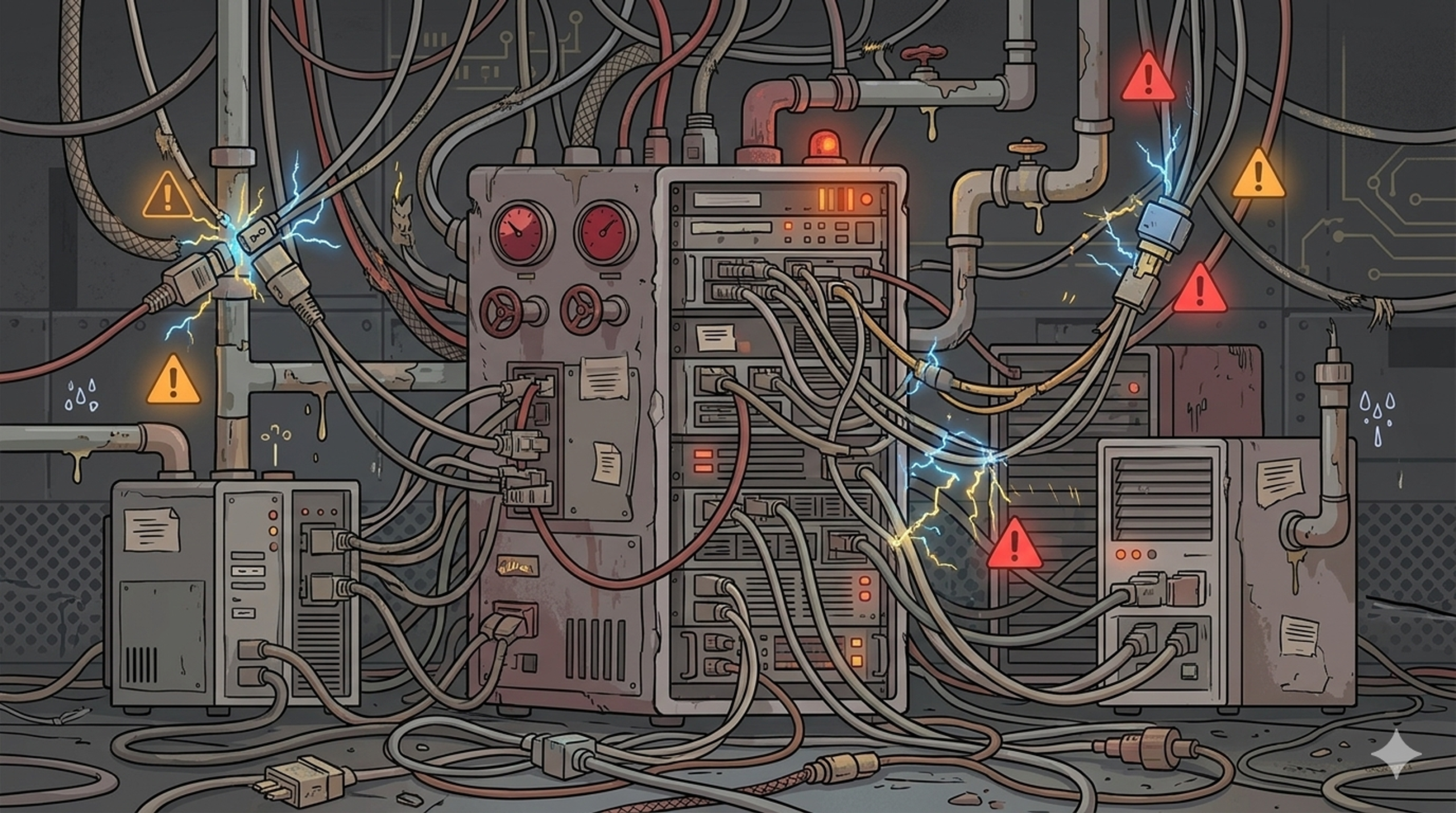 Illustration of legacy SMTP relay infrastructure showing tangled cables, sparking connections, warning icons, and leaking components representing configuration complexity and credential sprawl