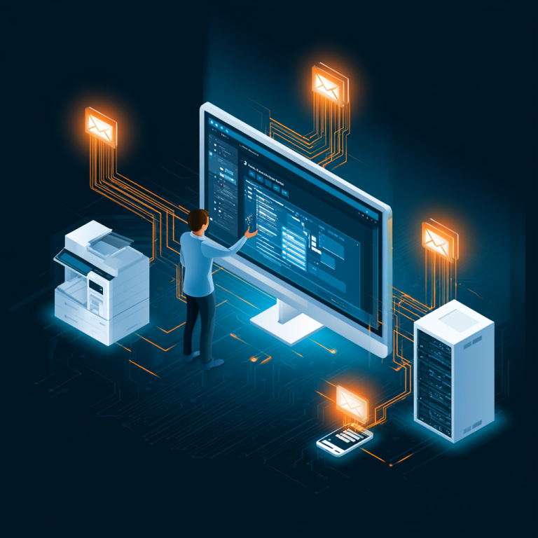 Isometric illustration of a person configuring Azure Communication Services Email on a monitor showing the Azure Portal with data flows connecting to a copier, server, and mobile device