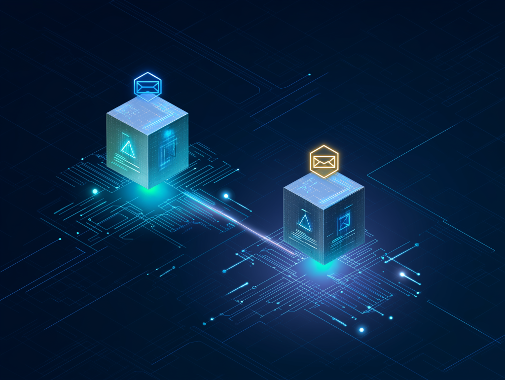 Isometric illustration of two Azure resource building blocks connecting together representing the Email Communication Service and Communication Service architecture