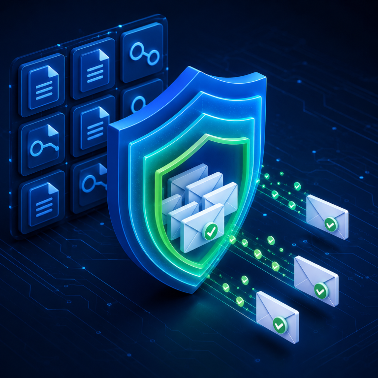 Isometric illustration of a three-layer security shield protecting email envelopes with DNS record icons representing SPF DKIM and DMARC authentication for Azure Communication Services