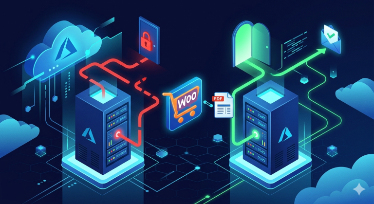 Isometric illustration of two Azure server towers showing a broken ABSPATH path on the left and a correct WP_CONTENT_DIR path delivering a WooCommerce email attachment with checkmark on the right