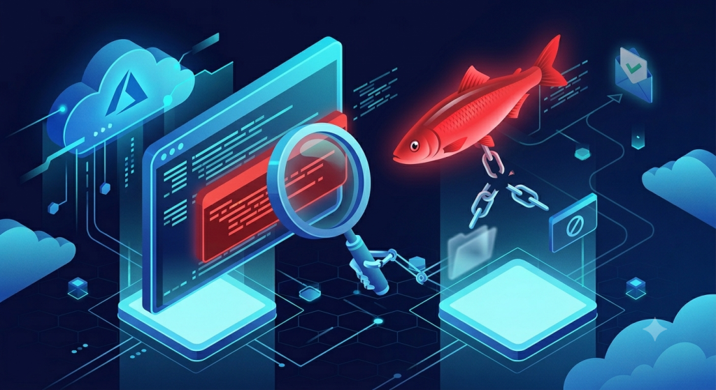 Isometric illustration of a magnifying glass over an error log screen with a red herring fish floating above a broken file path chain showing the misleading ContentBytes base64 error in Azure Communication Services