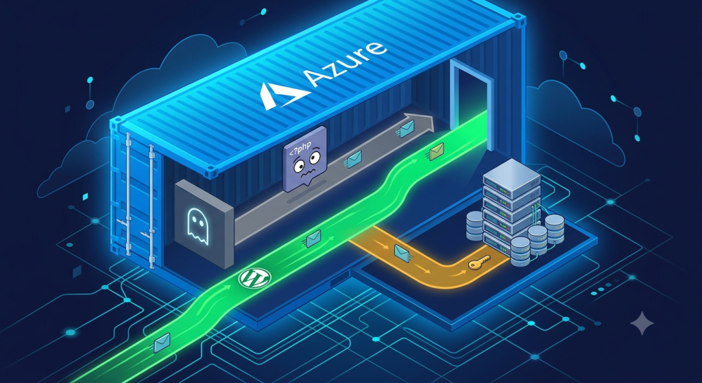 Isometric illustration of a glowing terminal window inside an Azure cloud with a stethoscope and two PHP command outputs — one in red showing the wrong ABSPATH path and one in green showing the correct WP_CONTENT_DIR path for WordPress diagnosis