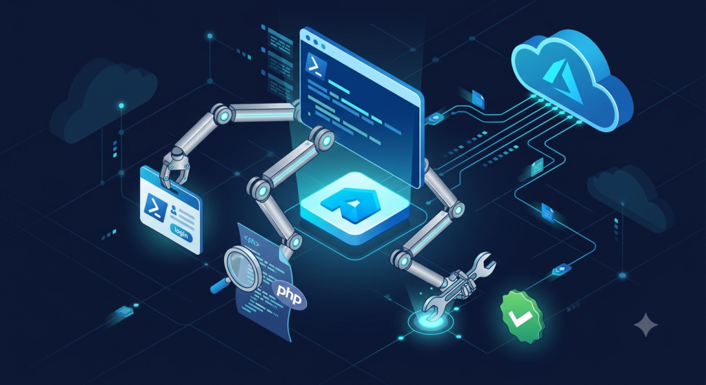 Isometric illustration of a PowerShell terminal with three robotic arms representing az CLI authentication, PHP file patch detection, and automated repair, connected to an Azure cloud via Kudu REST API with a green checkmark result