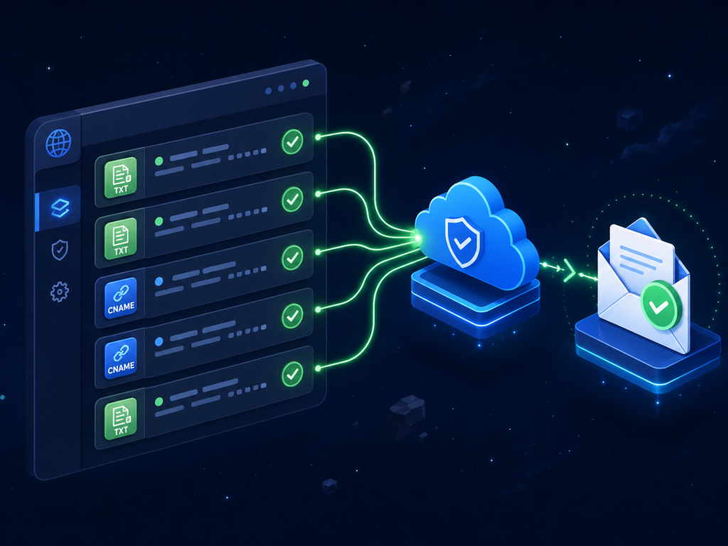 Isometric illustration of a complete DNS configuration showing four record types including domain verification SPF DKIM CNAMEs and DMARC records connected to an Azure cloud with verification checkmarks