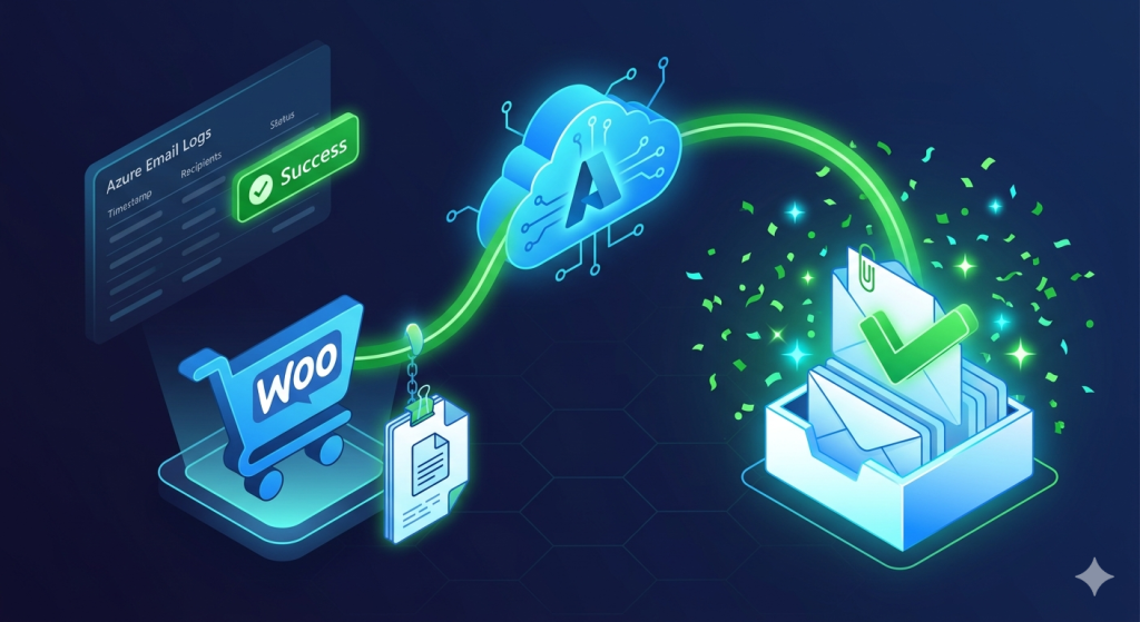 Isometric illustration of a WooCommerce cart with a PDF invoice attachment sending an email through an Azure Communication Services cloud to an open inbox with a green checkmark and paperclip icon, surrounded by celebration confetti
