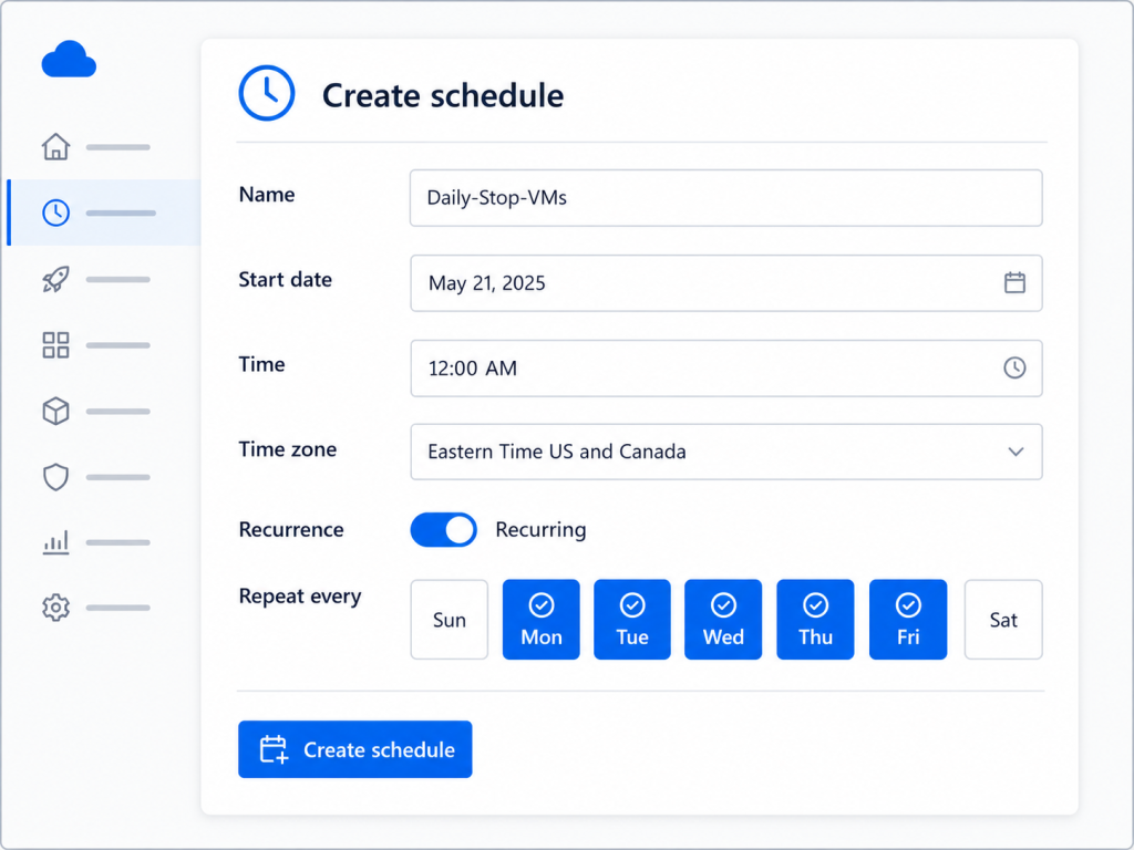 Simplified Azure portal schedule creation panel showing a 12:00 AM start time, Eastern Time zone selection, and weekly recurrence with five days of the week selected.