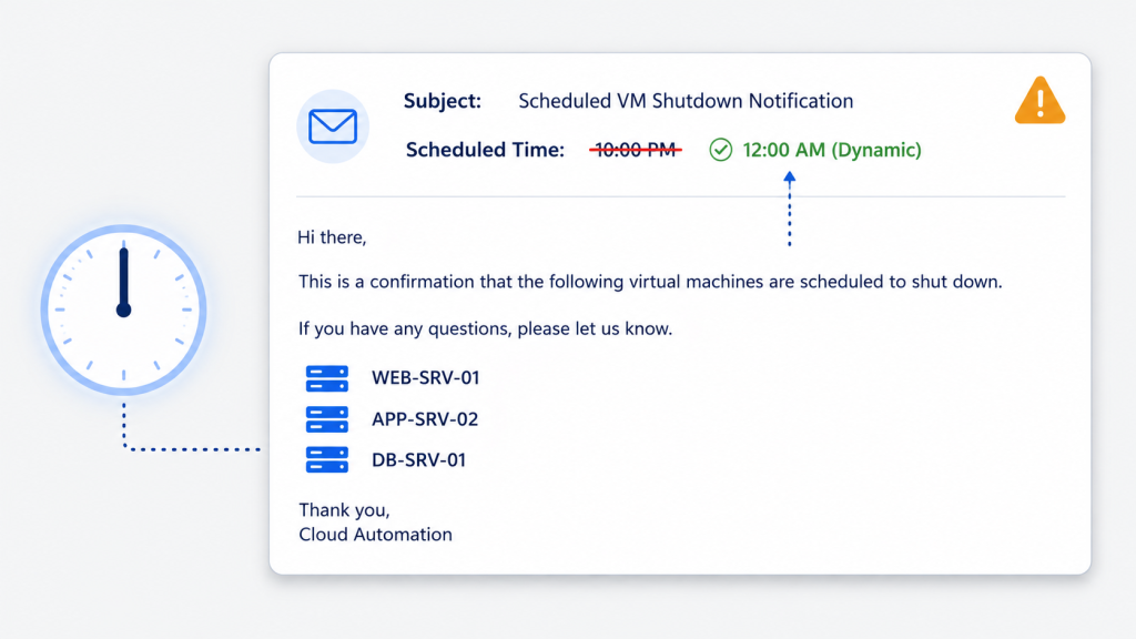 Stylized notification email card showing a hardcoded 10:00 PM shutdown time struck through and replaced with a dynamically generated timestamp.