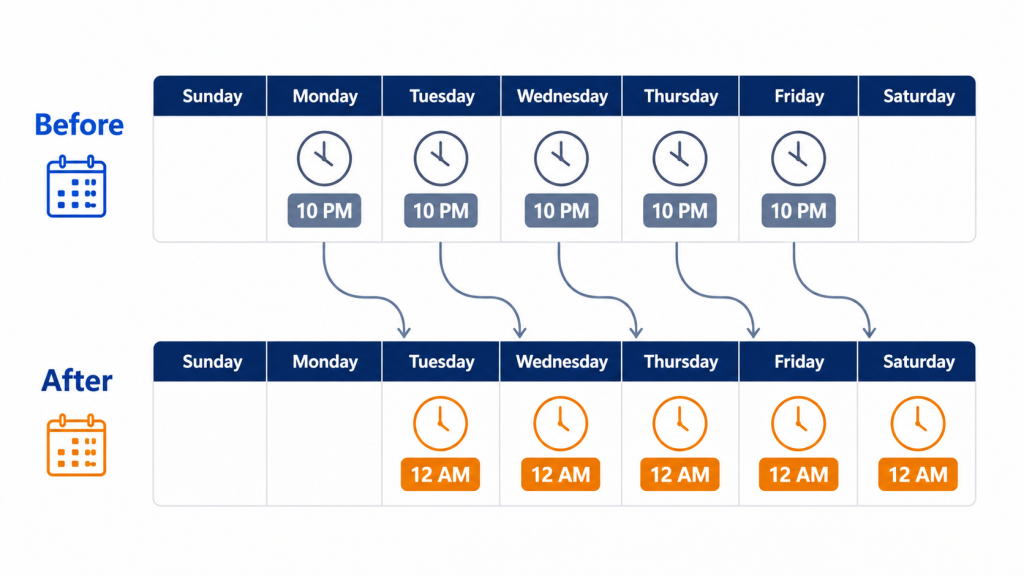 Two seven-day calendar strips comparing a Monday-through-Friday 10 PM shutdown schedule against the corrected Tuesday-through-Saturday 12 AM schedule, showing the one-day shift.