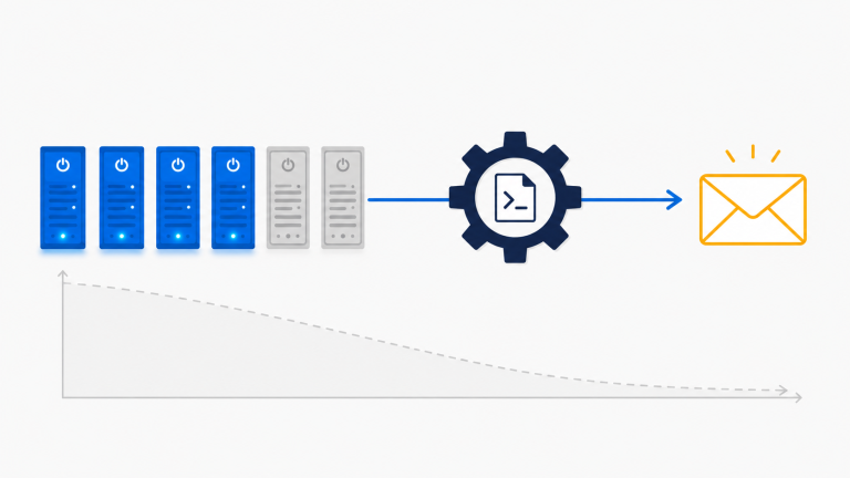 Illustration of an Azure Automation runbook deallocating virtual machines on a schedule and sending an email summary, with a declining cost curve below.