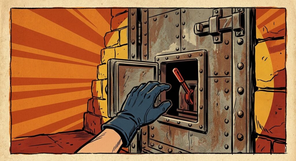 A locked steel door with one small hatch open, through which a gloved hand reaches a single red lever