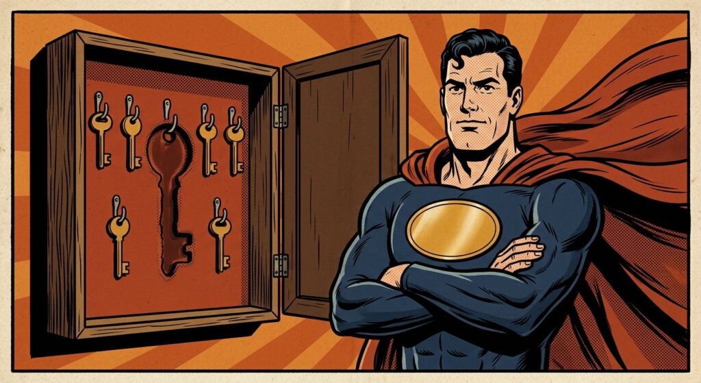 A superhero with arms crossed beside an open key cabinet holding small brass keys and an empty space where a large key once hung