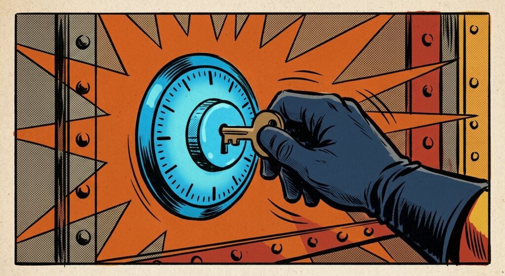 A superhero's gloved hand turning a small brass key in a glowing blue time-lock dial on a steel vault