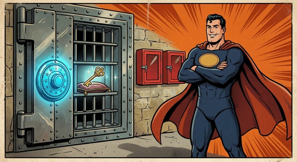 A superhero with arms crossed beside a steel vault with a glowing blue time-lock dial holding a golden master key, two red emergency boxes on the wall